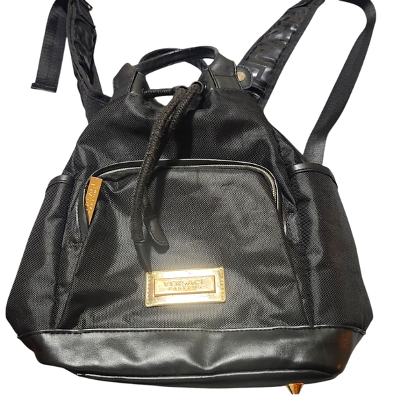 Versace Parfums canvas backpack tote bag black adjustable straps gold hardware - Picture 1 of 9